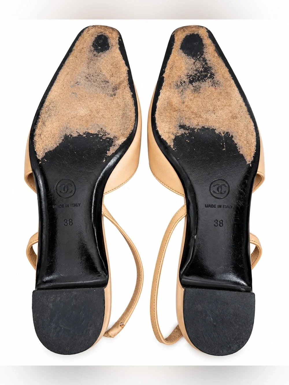 CHANEL Beige and Black Cap-Toe Slingback Flats